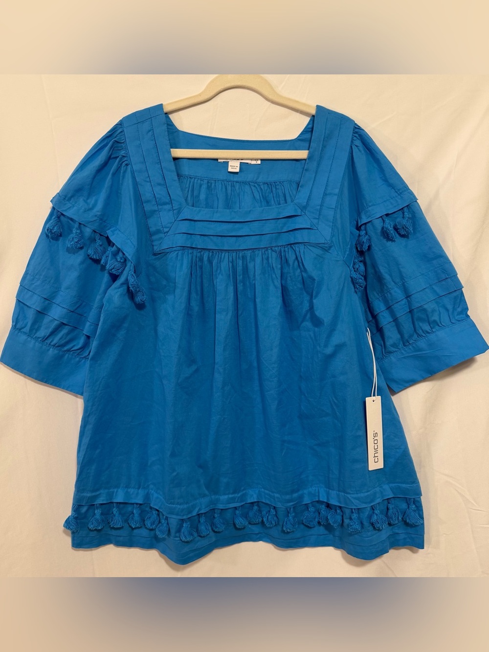 $119 Chico's Vibrant Blue Tassel-Trim Square Neck Blouse Womens Size 1 (Medium)